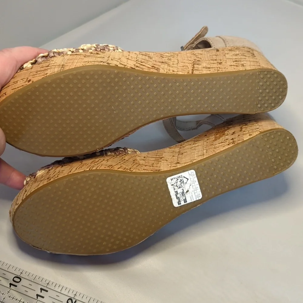 TOMS Stucco Satin Woven Cork Wedge Open Toe Sandals Size 9.5